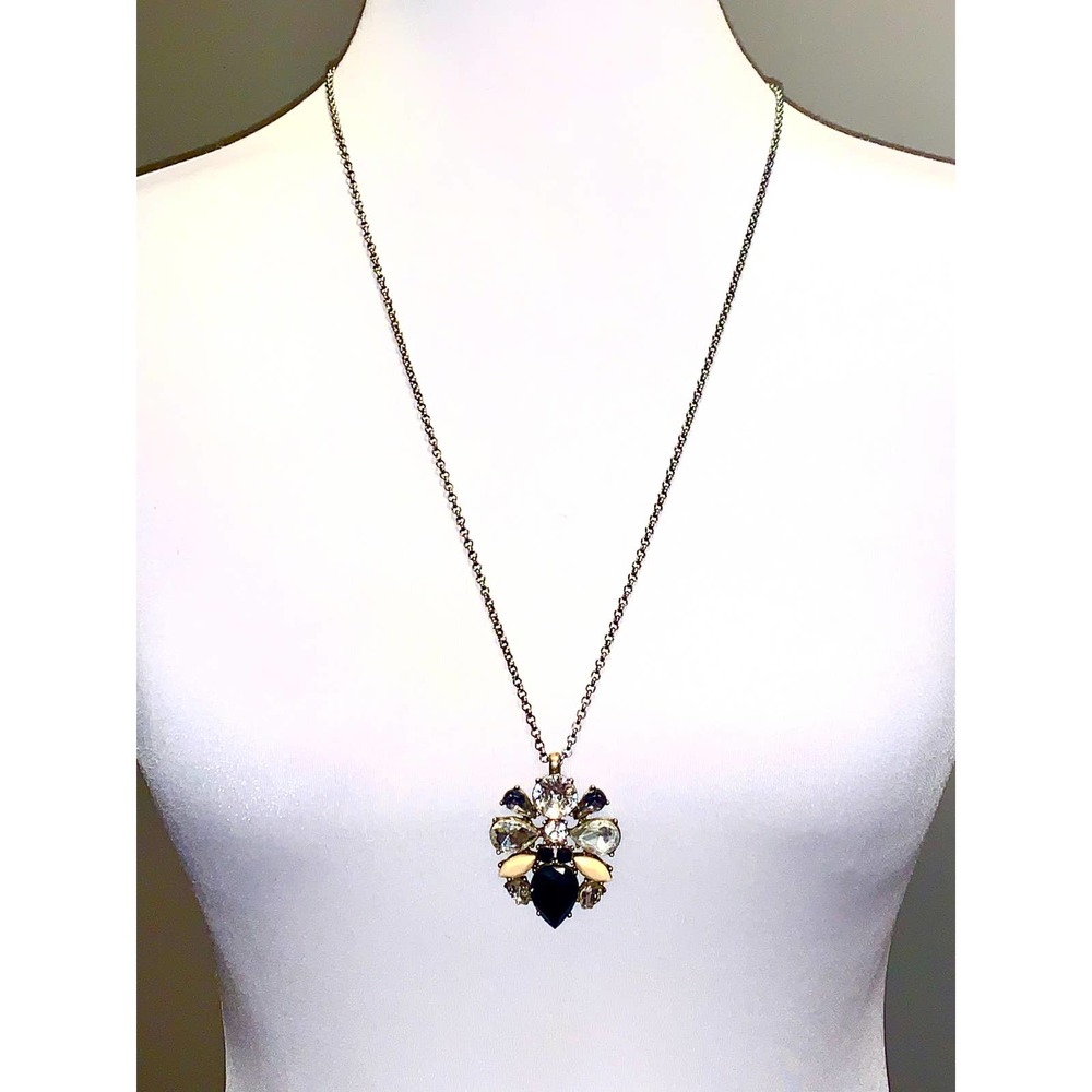 J. Crew Long Silver Crystal Cluster Pendant Statement Necklace EUC